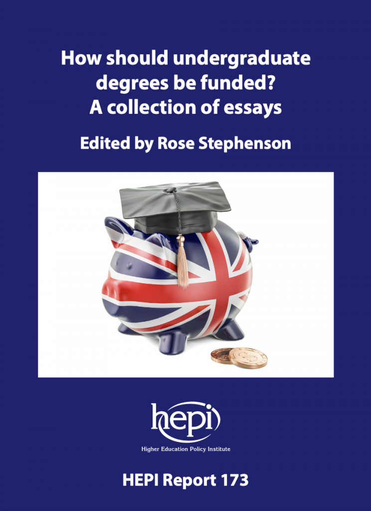 Cover of HEPI report 'How should undergraduate degrees be funded?' showing blue cover with union jack piggy bank wearing a mortar board.