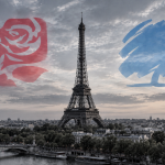 The Eiffel Tower in the middle with the logos of the Labour and Conservative Parties in the sky on either side