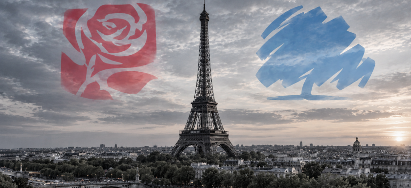 The Eiffel Tower in the middle with the logos of the Labour and Conservative Parties in the sky on either side